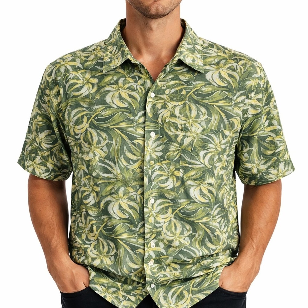 J. Crew Hawaiian Aloha Shirt LT Floral Tropical Flowers Green Yellow Black
